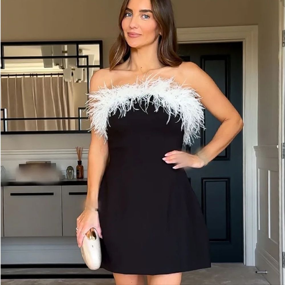 NWT ZARA mini dress with feathers contrast white and black - Picture 9 of 17